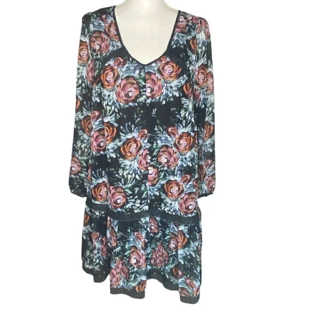 Maeve Anthropologie Augusta Wm’s Sz XS Floral V Neck Swing Flowy Tiered Dress